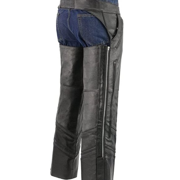 NWT M-Boss Men’s Black Jean Style Vented Leather Chaps Size L Black $150 II206 - Picture 2 of 4